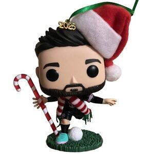 Funko Pop Lionel Messi Inter Miami with Red Santa Hat and Candy Cane Ornament
